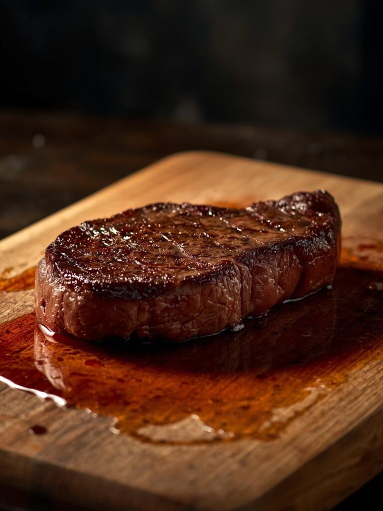 A freshly seared steak on a cutting board with a pool of juices next to it, illustrating the result of a pan-searing error that makes steak chewy.