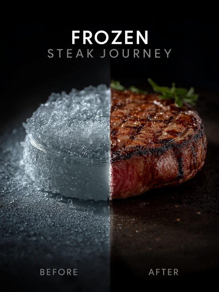 Frozen steak thaw and cook: "Professional culinary transformation showing frozen steak journey: frosty frozen steak with ice crystals transitions to perfectly grilled steak with crusty grill marks and juicy interior. Split composition showing before (frozen) and after (grilled), educational food photography, dark sophisticated background, dramatic lighting, clear temperature journey visible."